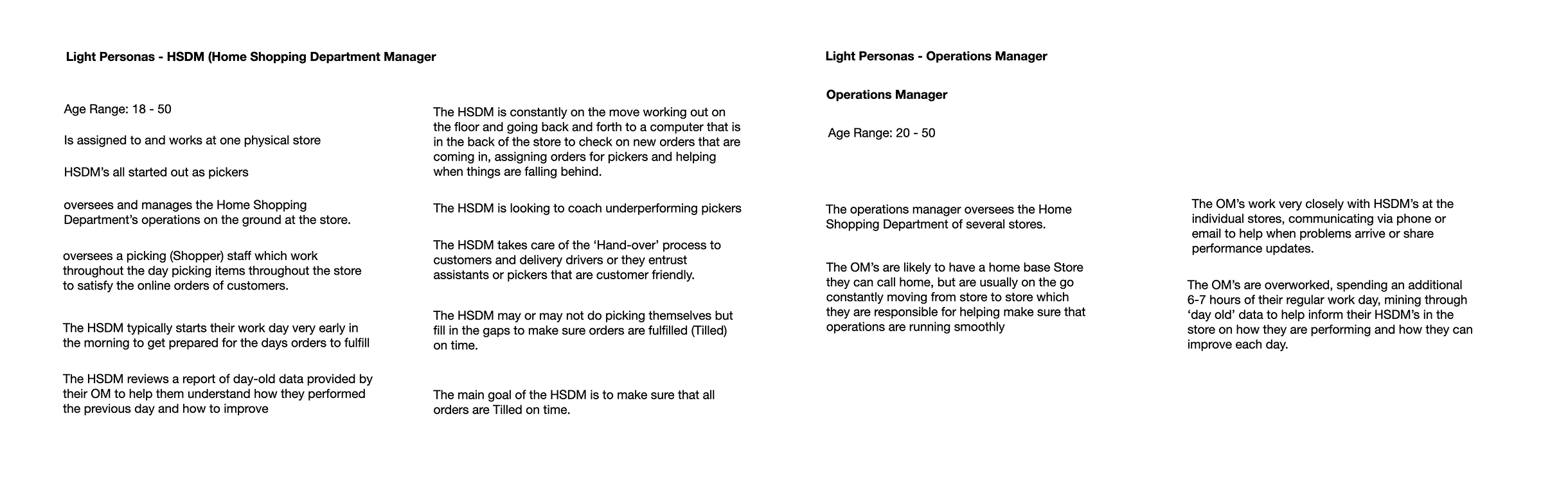 Light personas for the Home Shopping Department Manager and the Operations Manager, covering age range, responsibilities, daily routine, and goals
