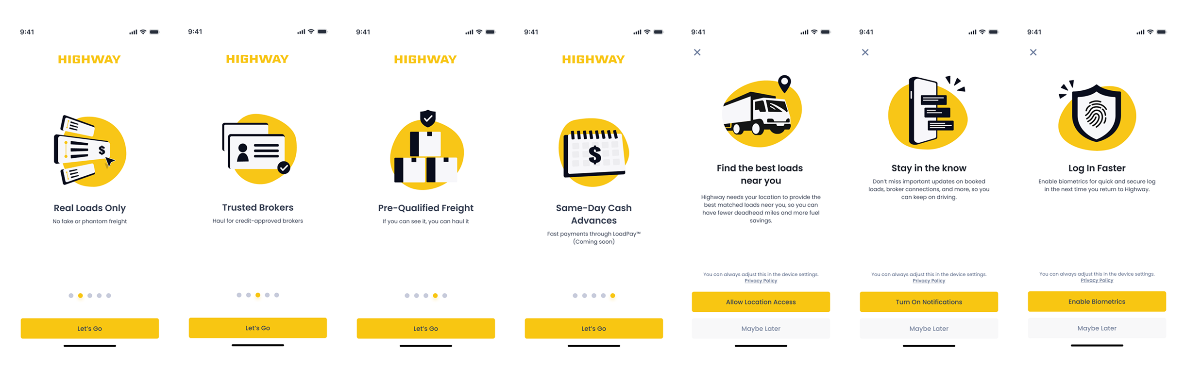 Onboarding value-proposition screens and location, notification, and biometric permission screens