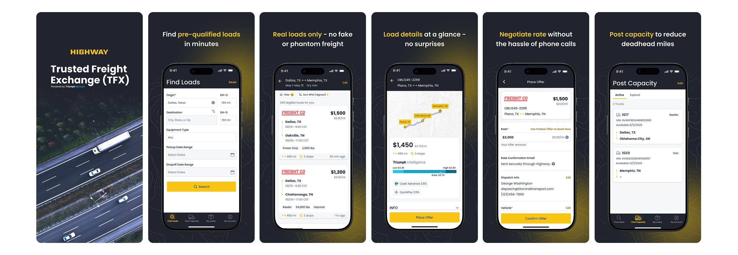 Trusted Freight Exchange app overview screens