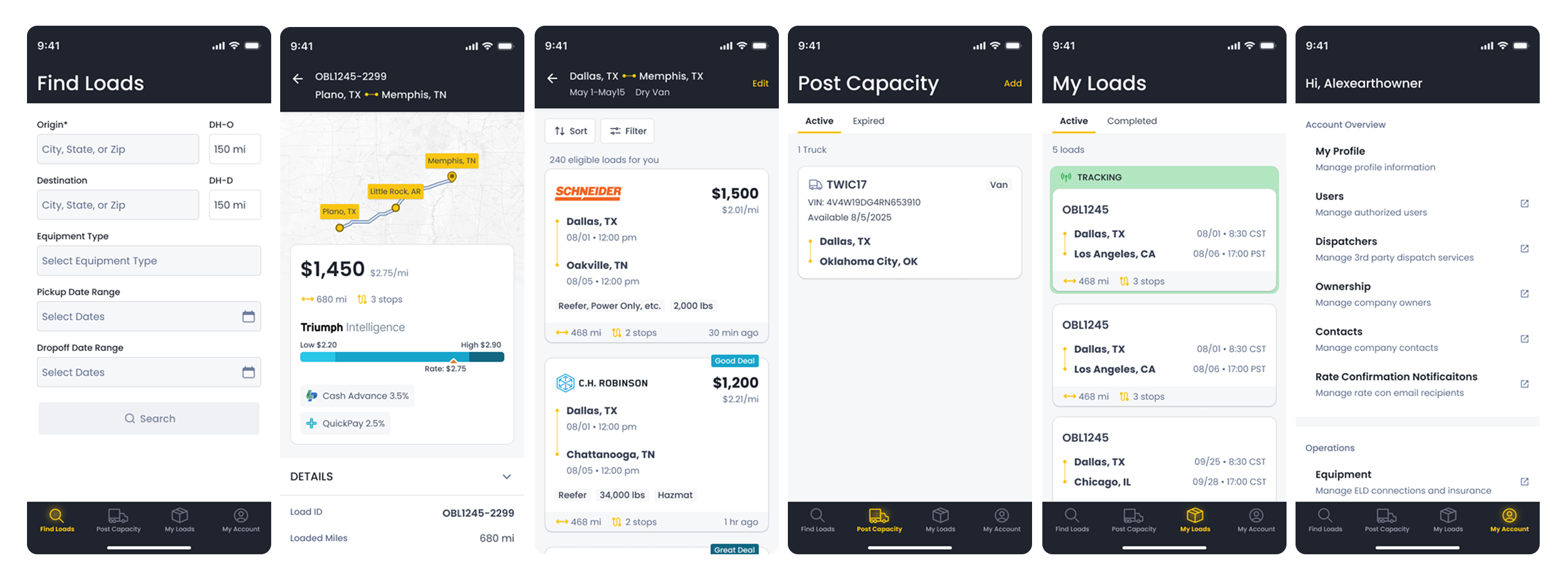 Find loads, load detail, search results, post capacity, my loads, and account screens