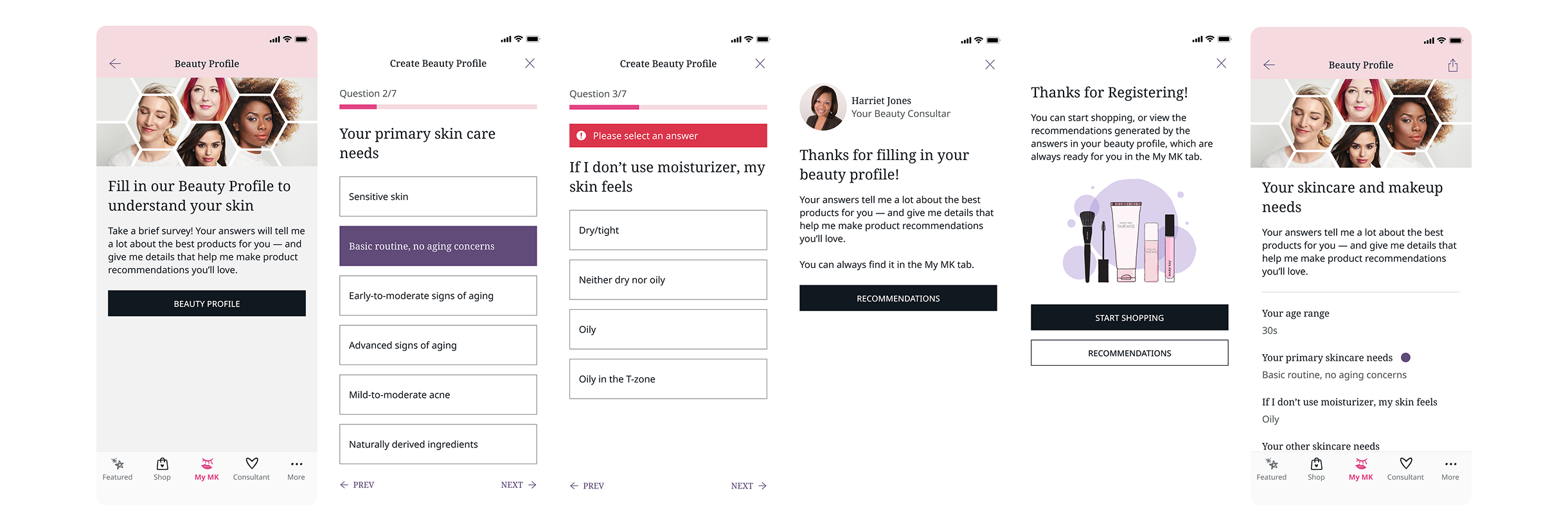 Beauty profile screens: intro, questionnaire, validation, thank-you from the consultant, registration confirmation, and completed profile