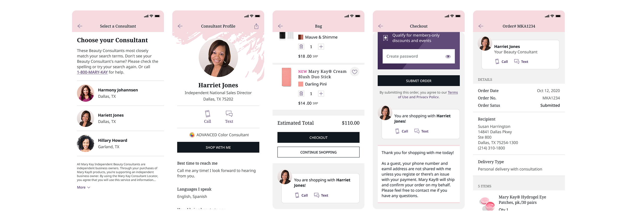 Select a consultant, consultant profile, bag, checkout, and order detail screens, each showing the consultant’s calling card