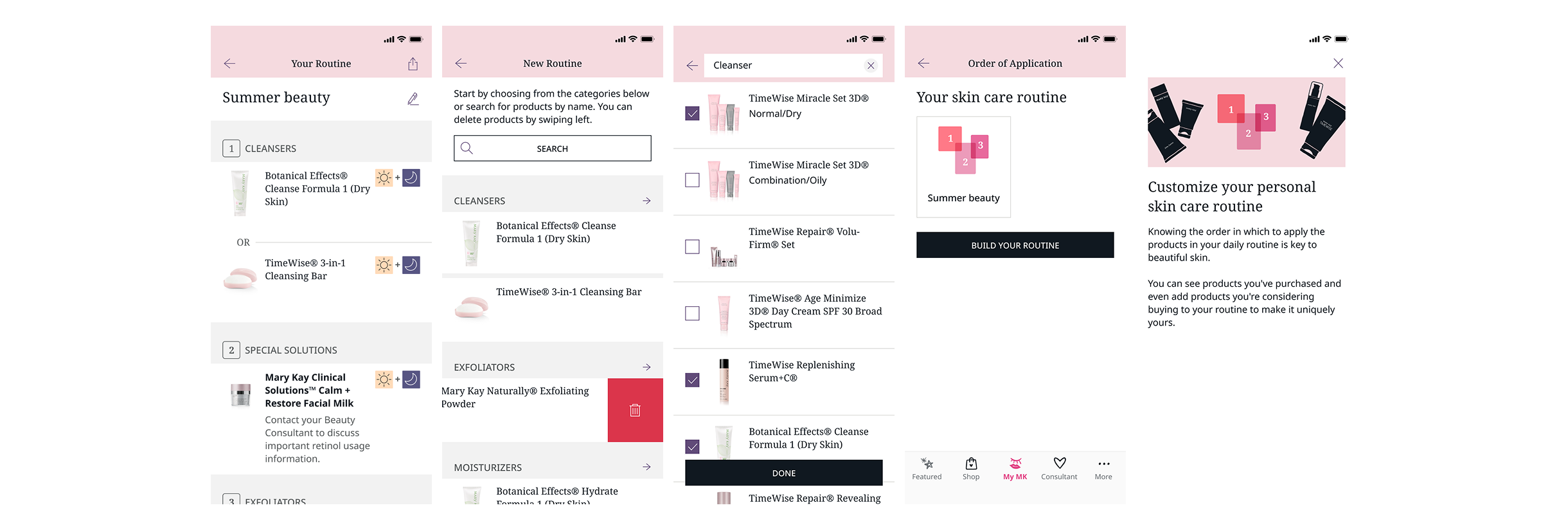 Beauty routine screens: your routine, new routine, product search, order of application, and customize your personal skin care routine