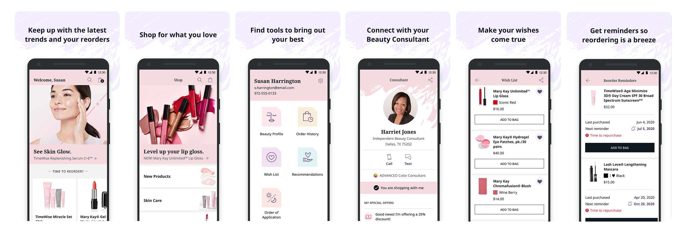 Six app screens: home, shop, my MK tools, consultant profile, wish list, and reorder reminders